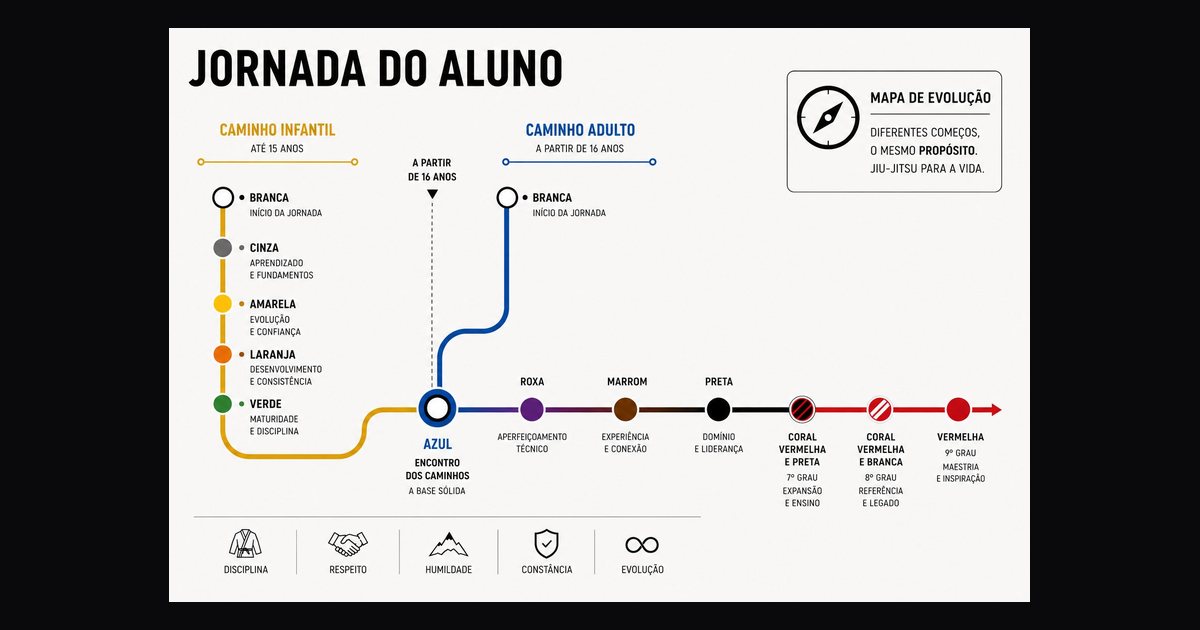 Mapa da jornada do aluno: o caminho infantil e o adulto se encontram na faixa azul e seguem até a faixa preta